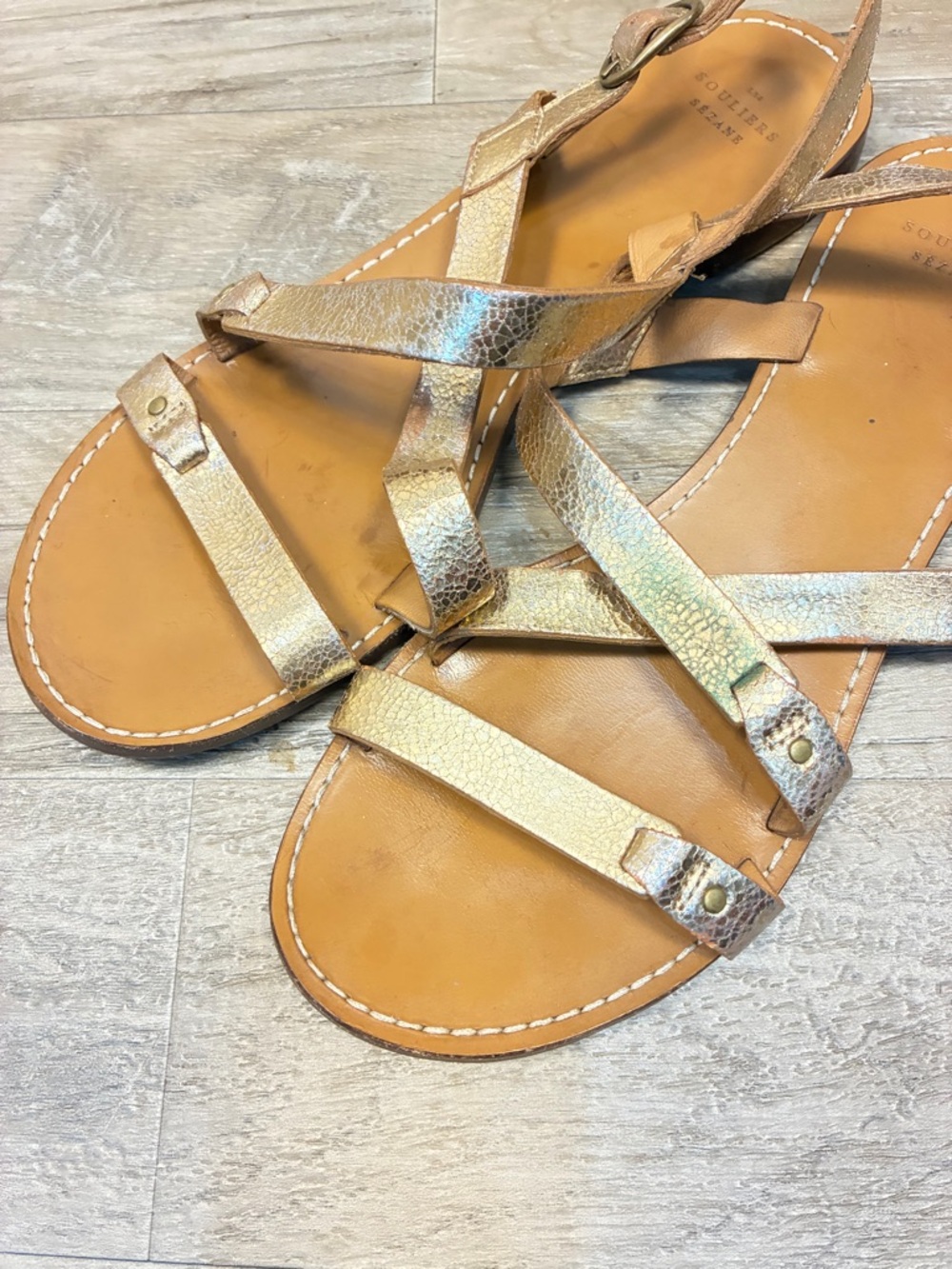 Sezane Ella Gold Strappy Leather Sandals - Picture 4 of 14